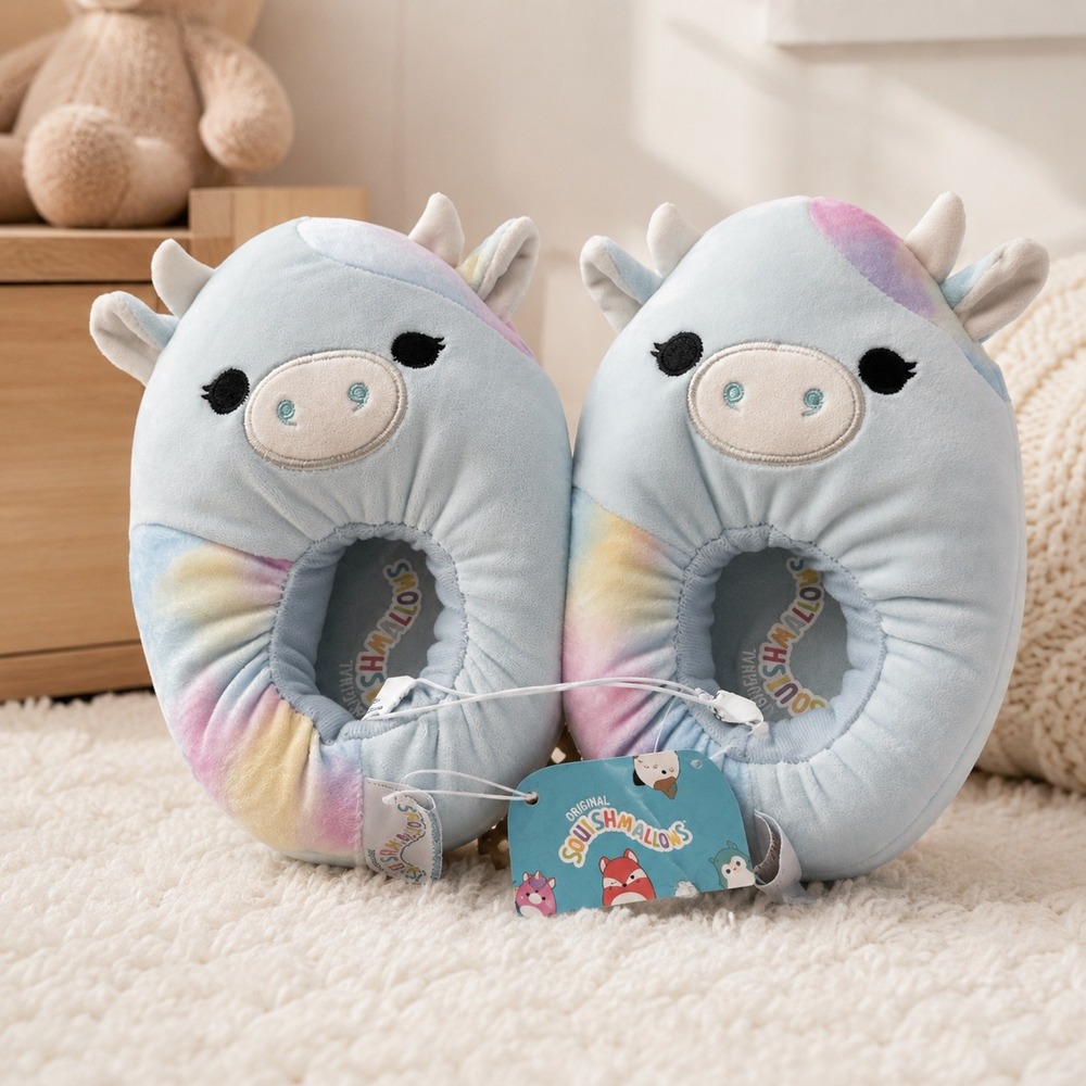 Squishmallows Bubba the Cow Plush Slippers Blue Tie Dye Kids Size 13/1 New